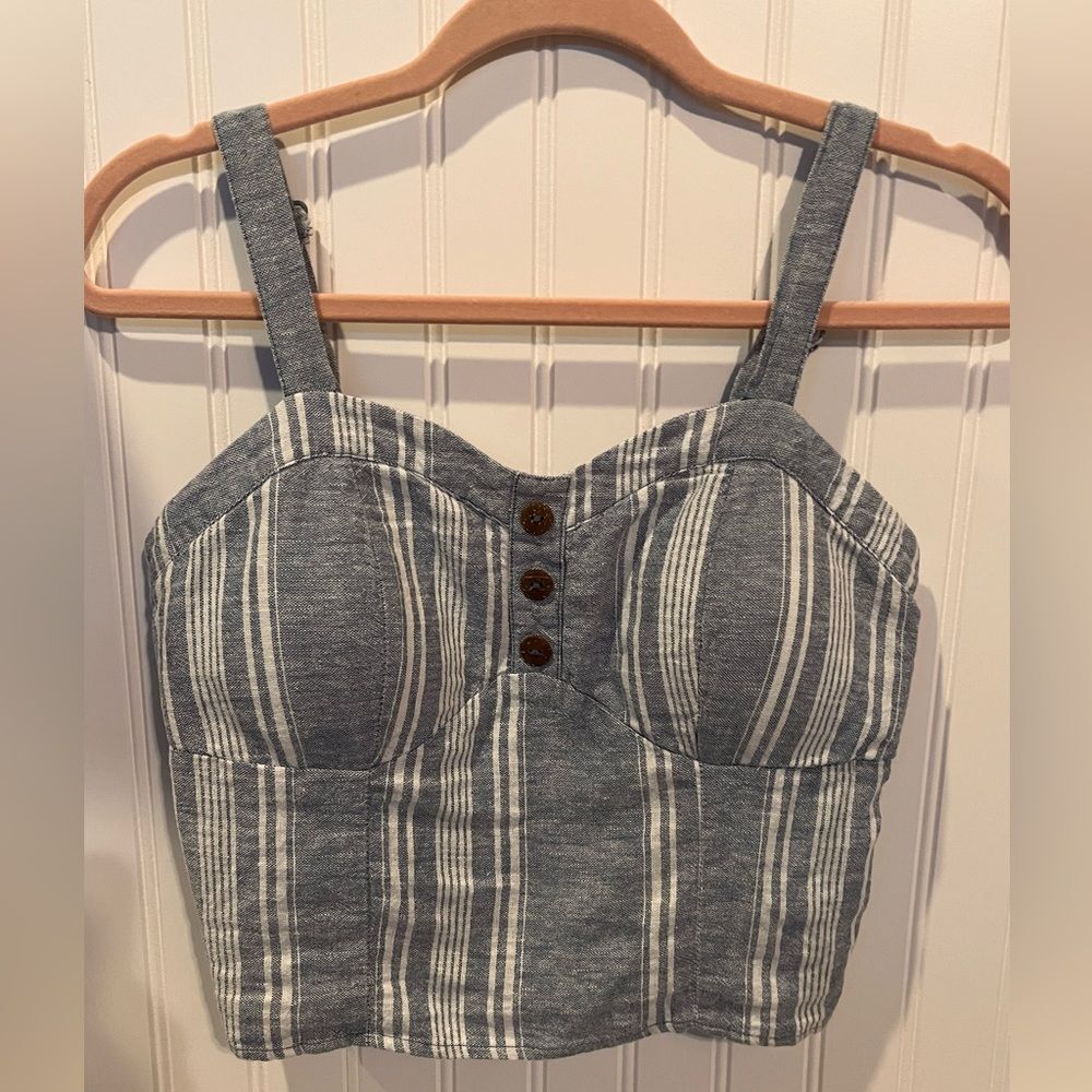 Striped Chambray Crop Tank Sweetheart Neck